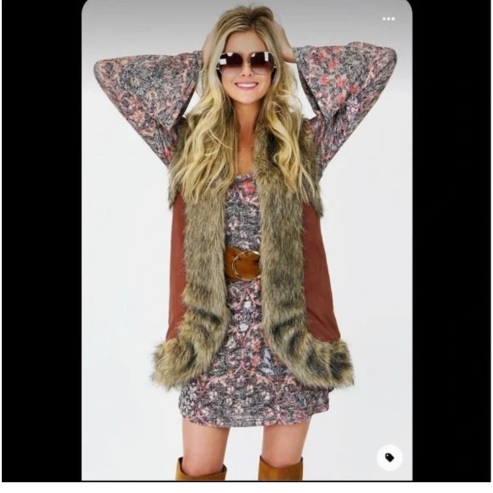 Judith March Western Faux Suede Long Vest with Faux Fur Trim (Anthropologie)